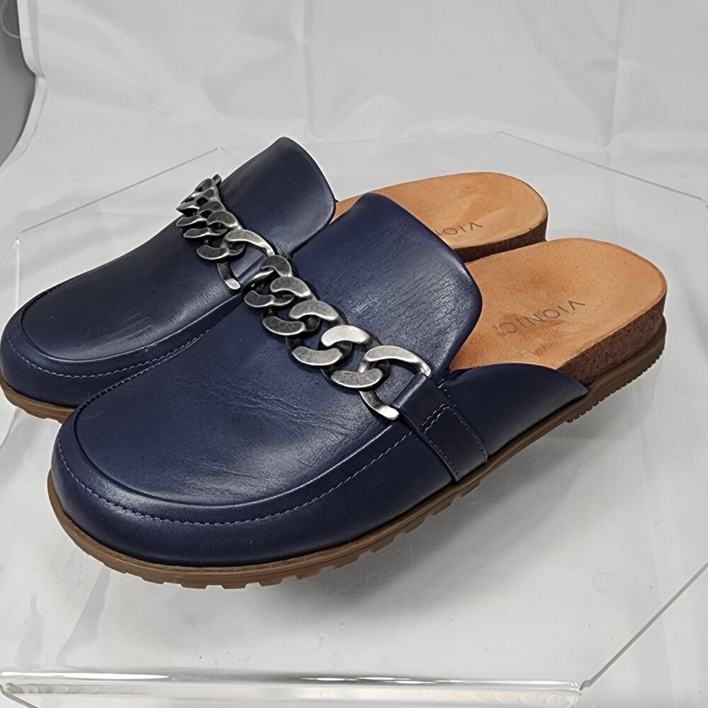 Vionic Georgie Navy Leather Mules Slip On Chain Clogs Comfort Women 9.5 Orthoped